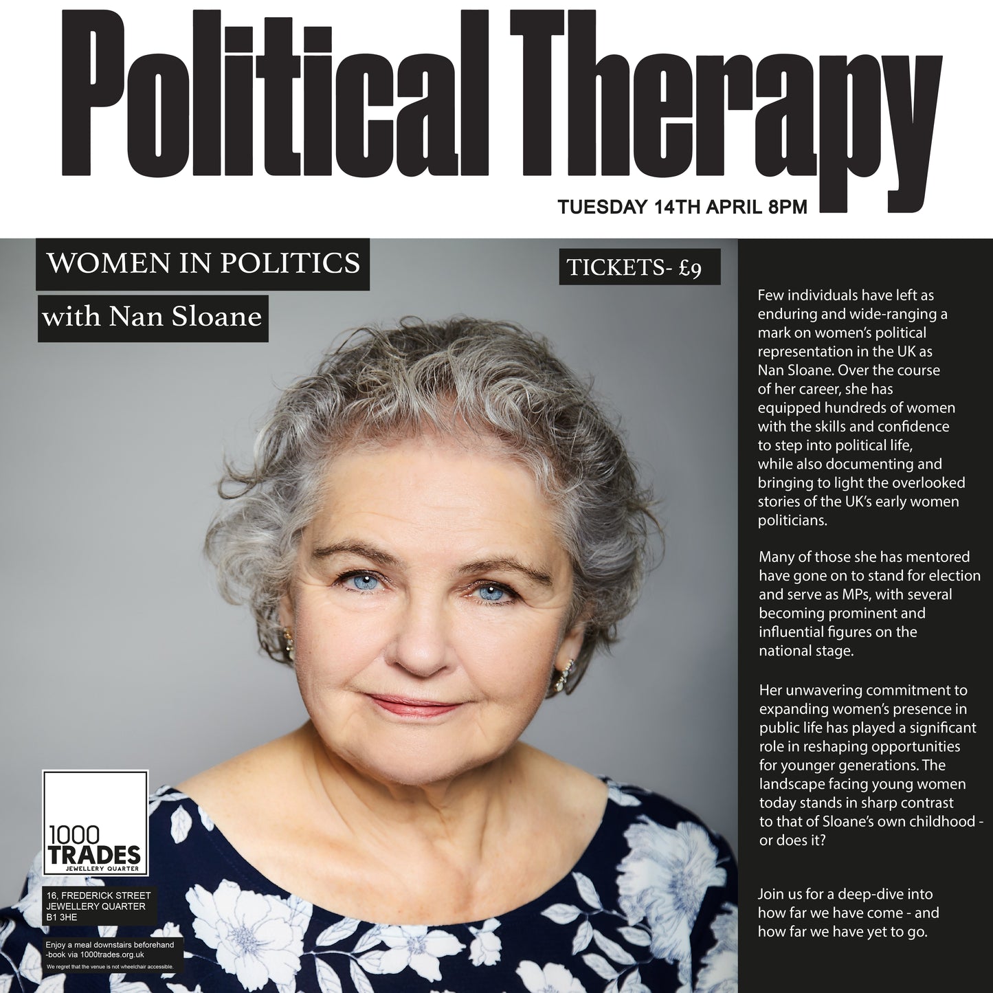 Political Therapy: Women in Politics with Nan Sloane Tues 14th April 8pm